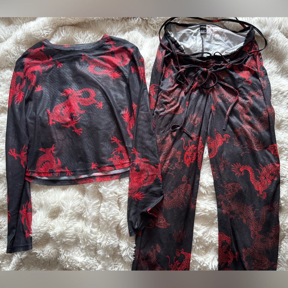 SHEIN Red and Black Satin Pajama Set